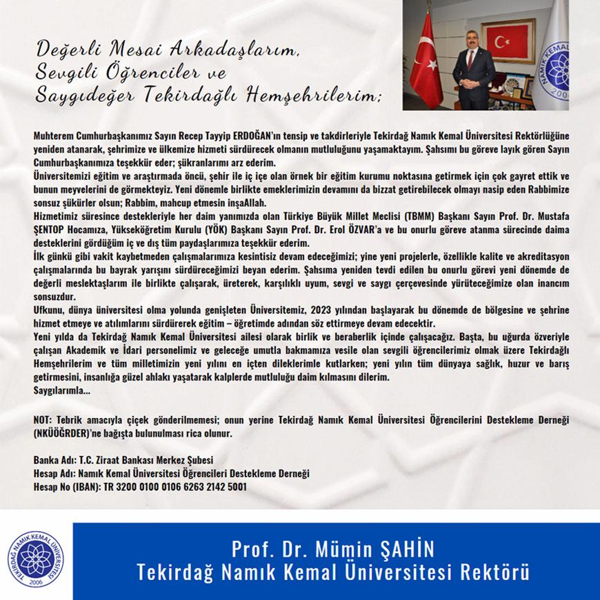 NKÜ Prof. Dr. Mümin ŞAHİN TEŞEKKÜR MESAJI