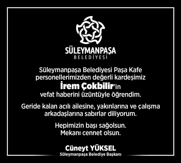 SÜLEYMANPAŞA BELEDİYE BAŞKANI CÜNEYT YÜKSEL TAZİYE MESAJI YAYINLADI