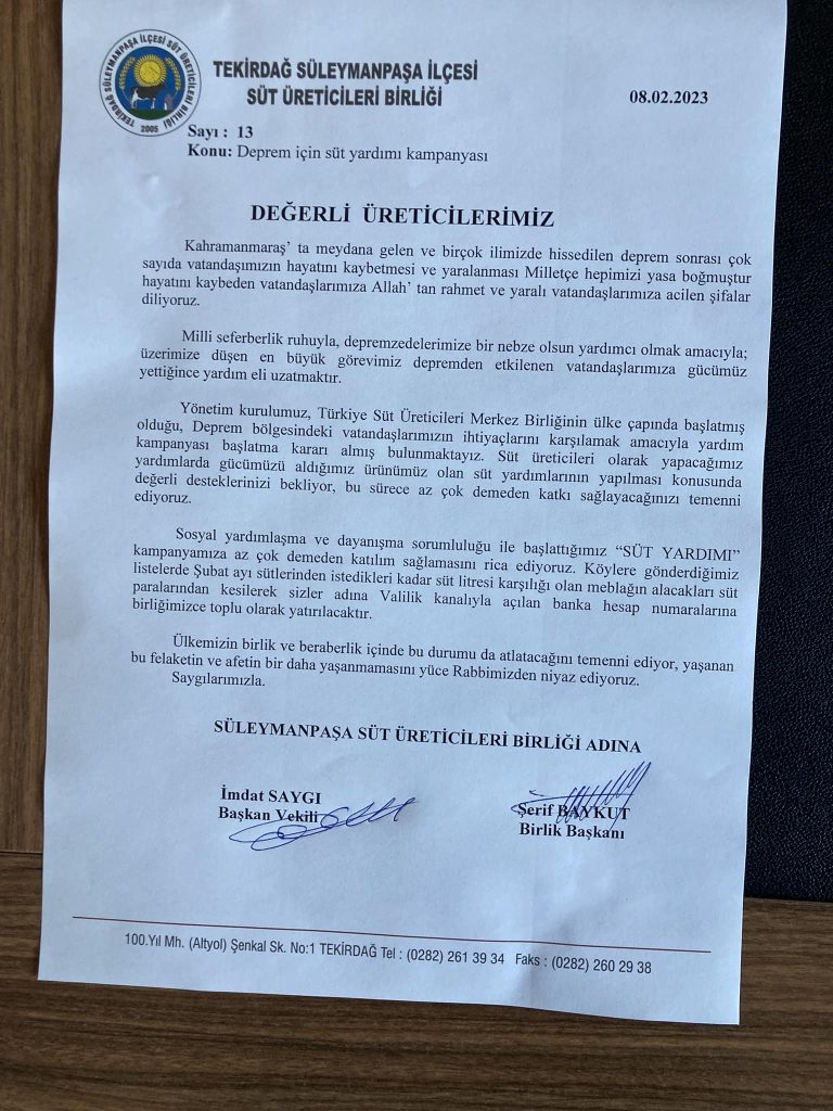 DEPREM İÇİN SÜT YARDIM KAMPANYASI